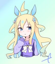 Rule 34 | 1girl, :o, ahoge, animal ears, blonde hair, blue background, blue eyes, blue hair, blue shirt, blush, bow, brown background, commentary request, cropped torso, eyebrows hidden by hair, gradient background, green background, hair between eyes, hand up, horse ears, kujou karasuma, long sleeves, multicolored hair, neo universe (umamusume), parted lips, puffy long sleeves, puffy sleeves, school uniform, shirt, signature, sleeves past wrists, solo, tracen school uniform, two-tone hair, two side up, umamusume, upper body, white bow