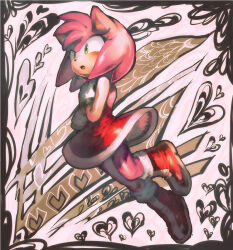 Rule 34 | 1girl, amy rose, animal ears, animal nose, aoki (fumomo), backless dress, backless outfit, bare shoulders, black border, blush, body fur, boots, border, dress, female focus, furry, furry female, gloves, green eyes, hand on own chest, hands up, heart, knee boots, leg up, looking afar, open mouth, pink fur, pink hair, red dress, red footwear, short dress, short hair, sidelocks, sleeveless, sleeveless dress, solo, sonic (series), white gloves