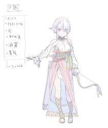 Rule 34 | 1girl, absurdres, arrow (projectile), bare shoulders, blouse, boots, bow (weapon), braid, brown footwear, closed mouth, clothing cutout, concept art, ear ornament, enkyo yuuichirou, full body, green ribbon, grey hair, hair over one eye, hair tubes, highres, holding, holding bow (weapon), holding weapon, long sleeves, looking at viewer, one eye covered, original, pelvic curtain, pointy ears, quiver, red eyes, ribbon, shirt, short hair, shoulder cutout, side braid, simple background, smile, solo, standing, tassel, toeless footwear, waist cape, weapon, white background, white shirt