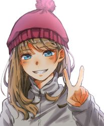 Rule 34 | 1girl, arm at side, arm up, bad id, bad pixiv id, beanie, blue eyes, blush, brown hair, ear blush, grey jacket, grin, hami yura, hat, highres, jacket, long sleeves, looking at viewer, original, red hat, simple background, smile, solo, teeth, upper body, white background, winter clothes