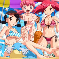 Rule 34 | 00s, 1990s (style), 3girls, barefoot, bent over, bikini, black hair, breasts, brown eyes, candice (pokemon), cleavage, covered erect nipples, creatures (company), day, english text, feet, flannery (pokemon), food, game freak, gen 3 pokemon, gen 4 pokemon, gym leader, ice cream, large breasts, legendary pokemon, lotion, medium breasts, multiple girls, nintendo, open mouth, pelipper, pink eyes, pink hair, piplup, pokemoa, pokemon, pokemon (creature), pokemon dppt, pokemon gsc, pokemon rse, red eyes, red hair, regice, retro artstyle, sealeo, side-tie bikini bottom, smile, striped bikini, striped clothes, sweat, swimsuit, take your pick, tongue, torkoal, underboob, visor, visor cap, whitney (pokemon)