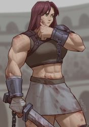Rule 34 | 1girl, abs, absurdres, armor, bandages, biceps, chain, cuffs, gladiator, green eyes, highres, holding, holding weapon, long hair, looking to the side, m4rjinn, muscular, muscular female, original, pauldrons, red hair, shackles, shoulder armor, skirt, sword, tank top, weapon, wiping face