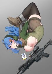 Rule 34 | 1girl, absurdres, ahoge, ankle boots, arched back, ass, bdsm, black thighhighs, blue eyes, blue hair, blush, bondage, boots, bound, bound arms, bound legs, breasts, breasts out, brown footwear, brown shorts, ear protection, embarrassed, frown, full body, green shirt, grey background, gun, hair ornament, hairclip, highres, id card, k0ng, large breasts, long hair, looking to the side, lying, nipples, on side, original, parted lips, ponytail, restrained, rifle, shirt, short shorts, shorts, sig mcx, simple background, solo, tape, thighhighs, torn clothes, torn shirt, weapon, weapon request