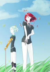 Rule 34 | 2others, androgynous, aqua eyes, aqua hair, bad id, bad twitter id, blue sky, bug, butterfly, cinnabar (houseki no kuni), closed mouth, colored skin, crystal hair, day, gem uniform (houseki no kuni), golden arms, grass, green eyes, green hair, hair between eyes, highres, houseki no kuni, insect, long bangs, looking away, mercury (element), multiple others, necktie, outdoors, phosphophyllite, red eyes, red hair, short hair, sky, smile, spoilers, sword, weapon, white skin