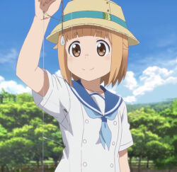Rule 34 | 1girl, blush, brown eyes, brown hair, bucket hat, closed mouth, cloud, day, dot nose, fishing line, hat, houkago teibou nisshi, medium hair, nature, outdoors, scenery, school uniform, short sleeves, sky, smile, solo, standing, stitched, third-party edit, tree, tsurugi hina