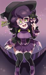 Rule 34 | 1girl, alternate costume, big hair, black dress, black hat, black socks, bow, breasts, creatures (company), dress, frills, from above, full body, game freak, glasses, green eyes, halloween, happy halloween, hat, highres, holding, holding staff, kneehighs, large breasts, looking at viewer, loveycloud, lower teeth only, multicolored clothes, multicolored dress, nintendo, open mouth, outline, pink-framed eyewear, pink bow, pointing, pointing up, pokemon, pokemon sm, purple background, purple dress, purple footwear, purple hair, ribbed sweater, shadow, shoes, short hair, sitting, socks, solo, staff, star (sky), star (symbol), sweater, teeth, turtleneck, turtleneck sweater, white outline, wicke (pokemon), witch hat