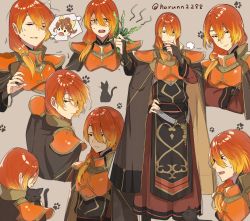 Rule 34 | 1boy, 1girl, animal, armor, blonde hair, breastplate, brown background, brown cape, brown eyes, brown hair, cape, cat, commentary request, delthea (fire emblem), fire emblem, fire emblem echoes: shadows of valentia, gradient hair, haru (nakajou-28), highres, holding, holding animal, holding cat, long hair, low ponytail, luthier (fire emblem), male focus, multicolored hair, multiple views, nintendo, open mouth, orange hair, pauldrons, paw print, ponytail, shoulder armor, solo focus, sweatdrop, tabard, thinking, twitter username, two-tone cape, weeds