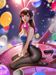 Rule 34 | 1girl, adapted costume, animal ears, animal print, backlighting, bare shoulders, black pantyhose, blue background, blue leotard, blurry, bow, bowtie, breasts, brown eyes, brown hair, character name, cleavage, collarbone, d.va (overwatch), depth of field, detached collar, facepaint, facial mark, fake animal ears, freckles, full body, headphones, highres, leotard, liang xing, long hair, looking at viewer, looking to the side, mecha, medium breasts, meka (overwatch), overwatch, overwatch 1, pantyhose, pink bow, pink bowtie, pink lips, playboy bunny, rabbit ears, rabbit print, rabbit tail, realistic, robot, shoes, unworn shoes, sitting, solo, swept bangs, tail, v arms, watermark, web address, whisker markings
