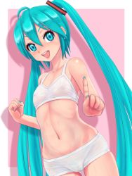 Rule 34 | 1girl, ahoge, aqua eyes, aqua hair, aqua nails, bike shorts, breasts, cameltoe, clenched hand, female pubic hair, hatsune miku, index finger raised, long hair, looking at viewer, nail polish, navel, nipples, o-minato, open mouth, pointing, pubic hair, see-through, see-through sports bra, small breasts, smile, solo, sports bra, stomach, sweat, twintails, very long hair, vocaloid
