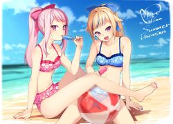 Rule 34 | 2girls, :d, bad id, bad twitter id, ball, bare legs, barefoot, beach, beachball, bikini, bikini skirt, blonde hair, blue bikini, blue hair, blue nails, blue sky, blurry, blurry background, bow, breasts, character name, cleavage, cloud, cloudy sky, commentary, copyright name, day, eating, english text, floral print, food, full body, gluteal fold, hair bow, hair flaps, heart, himehina channel, holding, holding food, long hair, looking at viewer, medium breasts, midriff, multicolored hair, multiple girls, nail polish, navel, ocean, ogamikeito, open mouth, outdoors, pink bikini, pink hair, pink nails, ponytail, popsicle, purple eyes, red hair, sitting, sky, small breasts, smile, streaked hair, suzuki hina, swimsuit, tanaka hime, thighs, toenail polish, toenails, tongue, tongue out, two-tone hair, virtual youtuber