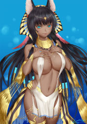 Rule 34 | 1girl, animal ears, ariverkao, black hair, blue background, blue eyes, breasts, circlet, closed mouth, commentary request, copyright request, cowboy shot, dark-skinned female, dark skin, dated, detached sleeves, earrings, egyptian clothes, gradient background, hair tubes, hands on own chest, highres, jewelry, large breasts, long hair, looking at viewer, navel, necklace, no panties, pelvic curtain, ring, signature, solo, standing, thighlet