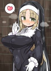 Rule 34 | 1girl, :p, blonde hair, blush, breasts, commentary request, copyright request, covered erect nipples, fellatio gesture, gloves, green eyes, heart, kanikama, large breasts, long hair, long sleeves, looking at viewer, naughty face, nijisanji, nun, sister claire, sister claire (1st costume), solo, spoken heart, sweat, tongue, tongue out, virtual youtuber, white gloves