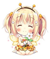Rule 34 | 1girl, :d, ^ ^, ankleband, antennae, barefoot, bee costume, blonde hair, blush, chibi, closed eyes, commentary request, dress, fake antennae, flower, frilled dress, frills, hair flower, hair ornament, hairband, holding, holding flower, open mouth, orange scrunchie, original, pan (mimi), scrunchie, simple background, sitting, smile, solo, striped clothes, striped dress, ten-chan (pan (mimi)), twintails, wariza, white background, wings, wristband