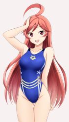 Rule 34 | 1girl, ahoge, arena (company), competition swimsuit, fuuma nagi, highleg, highleg swimsuit, long hair, one-piece swimsuit, red eyes, red hair, sf-a2 miki, simple background, solo, standing, swimsuit, vocaloid
