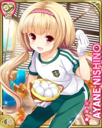 Rule 34 | 1girl, basket, bird, blonde hair, card, character name, chicken, egg, farm, girlfriend (kari), green pants, headband, indoors, nishino ayane, official art, open mouth, pants, qp:flapper, red eyes, shirt, smile, solo, tagme, twintails, white shirt