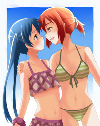 Rule 34 | 10s, 2girls, alternate hairstyle, bare legs, bare shoulders, bikini, blue background, blue eyes, blue hair, blush, breasts, brown eyes, brown hair, collarbone, eye contact, face-to-face, fang, female focus, frown, gradient background, green bikini, halterneck, hand on another&#039;s shoulder, hug, imminent kiss, inokuma youko, kin-iro mosaic, komichi aya, leaning, leaning back, legs, long hair, looking at another, ma tsukasa, medium breasts, midriff, multiple girls, naughty face, navel, neck, open mouth, ponytail, profile, purple bikini, red hair, scrunchie, short hair, short ponytail, shy, small breasts, smile, striped bikini, striped clothes, swimsuit, twintails, very long hair, yuri