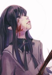 Rule 34 | 1girl, akemi homura, black eyes, black hair, black hairband, black ribbon, blood, blood from mouth, blood on face, chinese commentary, collared shirt, commentary request, hairband, highres, impaled, long hair, looking up, mahou shoujo madoka magica, mahou shoujo madoka magica (anime), mitakihara school uniform, neck ribbon, parted lips, ribbon, school uniform, shao ziye, shirt, simple background, solo, upper body, white background, white shirt