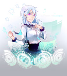 Rule 34 | 1girl, alpha (acerailgun), android, blue hair, borrowed character, breasts, hair ornament, hand on own chest, holographic interface, looking at viewer, open mouth, original, pink eyes, ravee of titans, silver hair, smile, solo, standing, star (symbol), white theme