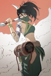 Rule 34 | 1girl, absurdres, akali, arm tattoo, bare shoulders, fingernails, green hair, hair between eyes, highres, holding, holding weapon, league of legends, long hair, mask, mouth mask, ninja, ponytail, red eyes, sickle, smoke, solo, talos198, tattoo, weapon