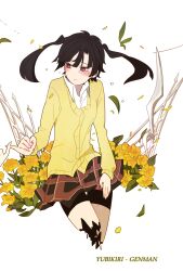 Rule 34 | 1girl, 1other, black hair, black shorts, black skirt, blunt bangs, blunt ends, blush, cardigan, closed mouth, collared shirt, commentary, commentary typo, cropped legs, english commentary, enomoto takane, floating hair, flower, flower request, flying teardrops, hand on own thigh, highres, kagerou project, leaf, long sleeves, looking at another, looking to the side, miniskirt, multicolored clothes, multicolored skirt, open collar, out of frame, petals, pink skirt, pinky swear, plaid, plaid skirt, pleated skirt, red eyes, romaji text, school uniform, shirt, shorts, shorts under skirt, simple background, sitting, skirt, smile, solo focus, tears, twintails, white background, white shirt, white skirt, wind, woodegi, yellow cardigan, yellow flower