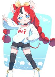 Rule 34 | 1girl, :3, absurdres, animal ear fluff, animal ears, animal print, black choker, black hair, black shorts, black thighhighs, blue background, blue bow, blue eyes, blush stickers, bow, braid, chibi, choker, collarbone, full body, hair between eyes, hair bow, hakos baelz, hand on own hip, hand up, highres, hololive, hololive english, jewelry, key, key necklace, long hair, long sleeves, looking at viewer, low twin braids, low twintails, mouse ears, mouse girl, mouse print, mouse tail, multicolored background, multicolored hair, necklace, print thighhighs, puffy long sleeves, puffy sleeves, red hair, shirt, shirt tucked in, shorts, sleeves past wrists, smug, standing, strawberry baelz, streaked hair, sweater, tail, tail bow, tail ornament, thighhighs, twin braids, twintails, two-tone background, v, v-shaped eyebrows, virtual youtuber, white background, white footwear, white hair, white shirt, white sweater, xi pu, yellow bow