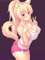 Rule 34 | 1girl, animal ear fluff, animal ears, ass, blonde hair, blush, breasts, cat ears, cat tail, collarbone, highres, large breasts, long hair, looking at viewer, nottytiffy, original, parted lips, red eyes, short shorts, shorts, slit pupils, smile, solo, tail, tank top, thighhighs, tiffy (nottytiffy), w, watermark, web address