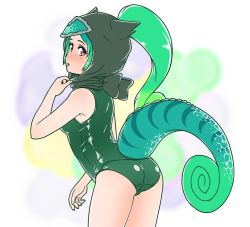 Rule 34 | 1girl, acesrulez, adapted costume, bare arms, bare legs, bare shoulders, blush, chameleon tail, collar tug, commentary request, cowboy shot, gradient hair, green hair, green one-piece swimsuit, hair through headwear, hood, kemono friends, light green hair, long hair, looking at viewer, multicolored hair, one-piece swimsuit, panther chameleon (kemono friends), ponytail, red eyes, school swimsuit, short hair, solo, swimsuit, tail