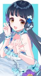 Rule 34 | 1girl, :d, bad id, bad twitter id, bare arms, bare shoulders, blue background, blue dress, blue hair, blush, border, brown eyes, dress, flower, highres, idolmaster, idolmaster million live!, jewelry, kitakami reika, long hair, looking at viewer, low twintails, misumi (macaroni), necklace, open mouth, purple flower, scrunchie, sleeveless, smile, solo, twintails, upper body, white border, white scrunchie, wrist scrunchie