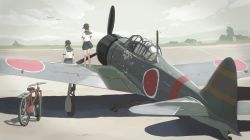 Rule 34 | 10s, a6m zero, aircraft, airplane, bad id, bad pixiv id, barefoot, bicycle, flying, from behind, fubuki (kancolle), highres, kantai collection, makio (makiomeigenbot), mitsubishi a7m reppuu, pleated skirt, propeller, sailor collar, shirayuki (kancolle), shoes, unworn shoes, sitting, skirt, standing