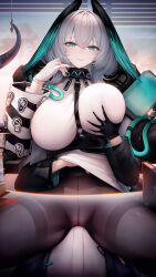 Rule 34 | 1boy, 1girl, absurdres, aqua eyes, aqua nails, arknights, binggong asylum, black gloves, breasts, bulge, commentary request, covered navel, doctor (arknights), erection, erection under clothes, gloves, grabbing, grabbing another&#039;s breast, grey hair, grey pantyhose, hair between eyes, hand up, head wings, highres, ho&#039;olheyak (arknights), indoors, infection monitor (arknights), large breasts, long sleeves, looking at viewer, medium hair, nail polish, pantyhose, shirt, sitting, smile, thighband pantyhose, white shirt, wings