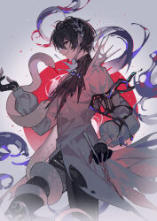 Rule 34 | 1boy, absurdres, ascot, ayn alwyn, black ascot, black gloves, black hair, black pants, black shirt, brooch, chain, coat, cowboy shot, crazy eyes, evil smile, from side, gloves, hair between eyes, hair ornament, highres, holding, holding wand, jewelry, kazenemuri, liquid, long sleeves, looking at viewer, lovebrush chronicles, male focus, melting, mystical high collar, pants, parted lips, profile, red eyes, shirt, short hair, sideways glance, smile, snake, standing, tentacles, torn clothes, torn coat, wand, white coat, white snake