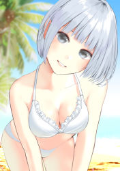 Rule 34 | 1girl, bad id, bad pixiv id, beach, bikini, breasts, commentary, day, eyebrows hidden by hair, grey eyes, hami (hami-gerden), highres, leaning forward, looking at viewer, medium breasts, original, outdoors, palm tree, short hair, silver hair, smile, solo, swimsuit, tree, white bikini