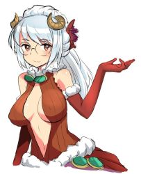 Rule 34 | 1girl, breasts, elbow gloves, glasses, gloves, horns, long hair, looking at viewer, puzzle &amp; dragons, simple background, smile, solo, urd (p&amp;d), white background, zaxwu