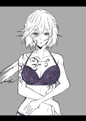 Rule 34 | bra, breasts, cleavage, collarbone, commentary request, expressionless, feathered wings, grey background, grey hair, groin, highres, kishin sagume, looking at viewer, midriff, navel, panties, purple bra, purple panties, red eyes, simple background, single wing, soregashi (nobuyoshi-numa2), stomach, tattoo, touhou, underwear, upper body, white wings, wings