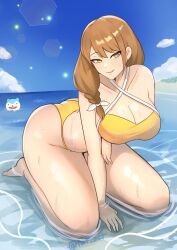 Rule 34 | 1girl, arm under breasts, artist name, beach, between legs, bikini, breasts, brown hair, collarbone, criss-cross halter, fire emblem, fire emblem engage, goldmary (fire emblem), hair over shoulder, halterneck, hand between legs, highres, large breasts, light rays, looking at viewer, low ponytail, mole, mole on breast, nintendo, partially submerged, seductive smile, smile, sommie (fire emblem), swimsuit, wet, yellow bikini, yellow eyes, zet (twt zet)