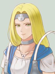 Rule 34 | 1girl, armor, bad id, bad pixiv id, blonde hair, choker, circlet, closed mouth, collarbone, dragon quest, dragon quest vi, green background, green eyes, highres, jewelry, long hair, looking at viewer, mil k vanilla, mireyu, necklace, portrait, shirt, short sleeves, simple background, smile, solo, white shirt