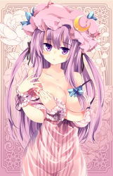 Rule 34 | 1girl, bare shoulders, blue ribbon, blunt bangs, blush, breasts, cleavage, collarbone, crescent, crescent hair ornament, dress, eyebrows, floral background, hair censor, hair ornament, hair ribbon, hat, hat ribbon, head tilt, highres, long hair, looking at viewer, maturiuta sorato, mob cap, off shoulder, patchouli knowledge, purple eyes, purple hair, red ribbon, ribbon, sidelocks, solo, standing, striped clothes, striped dress, touhou, tress ribbon, wrist cuffs