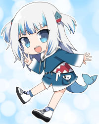 Rule 34 | 1girl, :d, blue eyes, blue hair, blue hoodie, blue socks, chibi, commentary request, drawstring, fins, fish tail, full body, gawr gura, gawr gura (1st costume), grey hair, hair ornament, hololive, hololive english, hood, hood down, hoodie, long hair, long sleeves, looking at viewer, multicolored hair, open mouth, osaragi mitama, shark tail, sharp teeth, shoes, sleeves past wrists, smile, socks, solo, streaked hair, tail, teeth, two side up, v, virtual youtuber, white footwear