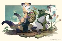 Rule 34 | animal, animal focus, backpack, bag, basket, belt, berry, blue eyes, clothed animal, commentary, dagger, dappled sunlight, day, earrings, food, from side, fruit, full body, hand up, highres, holding, holding basket, jewelry, knife, leaf, murayama ryota, no humans, original, pawpads, pelvic curtain, pink eyes, sheath, sheathed, simple background, slit pupils, sunlight, walking, weapon, weasel, whiskers, yellow background
