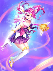Rule 34 | 1girl, alternate costume, baton, boots, bow, brooch, collarbone, earrings, elbow gloves, gloves, hair ornament, jewelry, league of legends, ling (vivianling), looking at viewer, lux (league of legends), magical girl, pink eyes, pink hair, pleated skirt, school uniform, serafuku, shirt, skirt, smile, solo, star guardian (league of legends), star guardian lux, thigh boots, thighhighs, thighs, tiara, twintails, white footwear, white gloves, white thighhighs