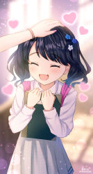 Rule 34 | 2girls, arms up, artist name, backpack, bag, beige skirt, blue hair, blurry, blurry background, blush, book, closed eyes, collar, collared shirt, dark blue hair, dress shirt, fangs, flower, fukumaru koito, hair flower, hair ornament, hands up, happy, headpat, heart, highres, holding, holding book, idolmaster, idolmaster shiny colors, long skirt, long sleeves, multiple girls, nail polish, hugging object, open mouth, pink bag, pink nails, pleated skirt, pov, pov hands, shirt, short hair, short twintails, simple background, skirt, smile, soramame tomu, swept bangs, twintails, two side up, v arms, watermark, white shirt