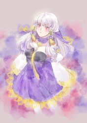 Rule 34 | 1girl, blush, closed mouth, dress, fire emblem, fire emblem: three houses, from side, hair ornament, highres, long hair, long sleeves, lysithea von ordelia, nintendo, pink eyes, shawl, snana, solo, white hair, white legwear, wide sleeves