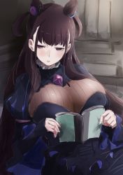 Rule 34 | 1girl, black dress, bodystocking, bodysuit, book, breasts, cleavage, cone hair bun, covered erect nipples, double bun, dress, eyelashes, fate/grand order, fate (series), female focus, hair bun, highres, jewelry, large breasts, lips, long hair, long sleeves, looking at viewer, murasaki shikibu (fate), parted lips, pendant, puffy long sleeves, puffy sleeves, purple eyes, purple hair, ribbed bodysuit, short twintails, sleeves past wrists, solo, twintails, two side up, yohane
