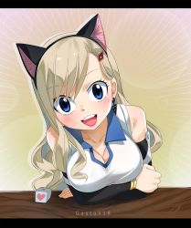 Rule 34 | 1girl, animal ears, arms on table, bare shoulders, blonde hair, blue eyes, breasts, cleavage, crossed arms, detached sleeve, earrings, eden&#039;s zero, fake animal ears, gaston18, hair ornament, hairband, hairclip, highres, jewelry, large breasts, long hair, looking at viewer, open mouth, rebecca bluegarden, smile, solo, teeth