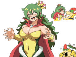 Rule 34 | 1boy, 1girl, angry, blush, bowser, breasts, cape, cleavage, covered navel, donkey kong (series), donkey kong country, earrings, embarrassed, fangs, gem, genderswap, genderswap (mtf), green hair, high collar, highres, humanization, jewelry, king k. rool, large breasts, long hair, mario (series), new super mario bros. u deluxe, nintendo, red cape, super crown, super mario bros. 1, tina fate, vambraces