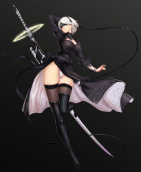 Rule 34 | 1girl, absurdres, arm at side, arm behind back, arm up, artist request, bad leg, black bow, black dress, black footwear, black hairband, black ribbon, black thighhighs, blindfold, blush, boots, bow, breasts, brown thighhighs, cameltoe, cleavage, cleavage cutout, clothing cutout, covered erect nipples, covered eyes, dress, full body, groin, hair over eyes, hairband, highleg, highleg leotard, highres, holding, holding weapon, holding whip, huge weapon, juliet sleeves, katana, leotard, long sleeves, medium breasts, mole, mole under mouth, nier:automata, nier (series), parted lips, pink lips, puffy sleeves, ribbed dress, ribbon, short dress, short hair, side slit, silver hair, smile, solo, sword, teeth, thigh boots, thighhighs, vambraces, weapon, weapon on back, whip, white leotard, wind, wind lift, 2b (nier:automata)