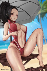 Rule 34 | 1girl, absurdres, adapted costume, beach, beach umbrella, black hair, blue sky, boku no hero academia, breasts, day, high ponytail, highres, knee up, large breasts, navel, one-piece swimsuit, outdoors, parted lips, plunging neckline, red one-piece swimsuit, sitting, sky, solo, stomach, swimsuit, thighs, tree, umbrella, wonnikon, yaoyorozu momo