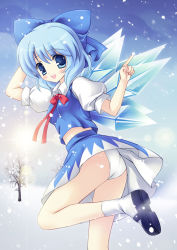 Rule 34 | 1girl, arm behind head, ass, bad id, bad pixiv id, blue eyes, blue hair, blush, bow, cirno, fukase ayaka, hair bow, highres, index finger raised, mary janes, matching hair/eyes, midriff, open mouth, panties, pantyshot, perfect cherry blossom, shirt, shoes, short hair, skirt, skirt set, smile, snow, snowing, solo, touhou, tree, underwear, upskirt, white panties, wings