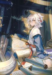 Rule 34 | 1boy, aged down, arm support, book, child, chinese clothes, cyotsy, dappled sunlight, from side, hair between eyes, hair ribbon, half updo, hanfu, highres, honkai: star rail, honkai (series), indoors, jing yuan, layered sleeves, light particles, long sleeves, looking at viewer, looking to the side, male focus, mole, mole under eye, on floor, ponytail, red ribbon, ribbon, sash, scroll, short hair, short over long sleeves, short sleeves, sleeves past wrists, smile, sunlight, sword, vase, weapon, white hair, yellow eyes