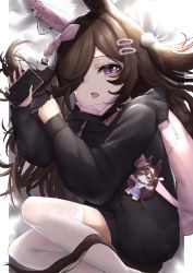 Rule 34 | 1girl, absurdres, animal ears, arm up, backpack, bag, bed sheet, black choker, black hoodie, broken screen, brown hair, cellphone, character doll, choker, commentary request, crack, cracked glass, cracked screen, feet out of frame, hair ornament, hair over one eye, hairclip, hand up, highres, hinamayo, holding, holding phone, hood, hood down, hoodie, horse ears, horse girl, horse tail, long sleeves, mask, mask pull, mihono bourbon (umamusume), mouth mask, no shoes, one side up, phone, puffy long sleeves, puffy sleeves, purple eyes, rice shower (umamusume), sleeves past wrists, solo, tail, teeth, thighhighs, tongue, tongue out, umamusume, upper teeth only, white thighhighs